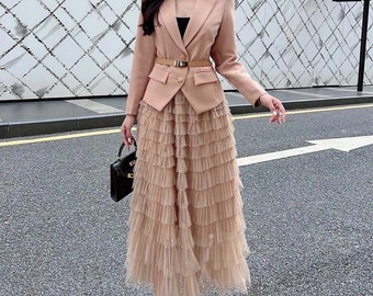 2 Pieces Dress Set - Lady Casual Coat + Midi Long Ruffles Skirt