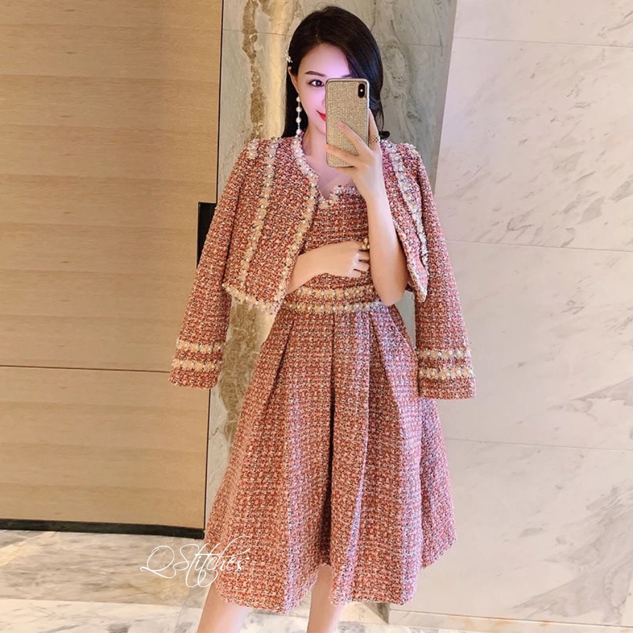 Pink Tweed Set Elegant Long Sleeve Beading Jacket Spaghetti - Etsy