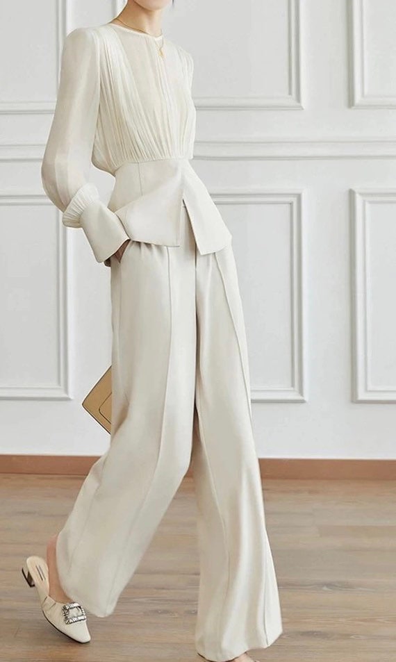 2 Piece Suit Elegant Long Sleeve Top Wide Leg Pant in 