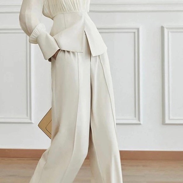 2 Piece Suit - Elegant Long Sleeve Top + Wide Leg Pant in Beige