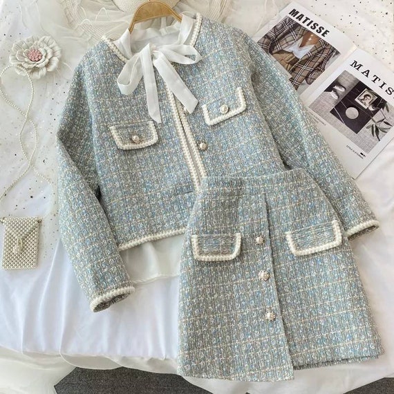 Two Piece Set Long Sleeve Pink Tweed Jacket Plaid Strap 