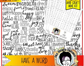 Craft kit, words, sentiments, fonts, papercraft, card making, scrapbook kit, digi stamps, printable craft, mixed media