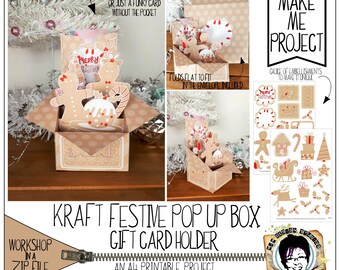 Kraft Festive pop up box Gift Card Holder, Christmas, Present, craft project, printable make, envelope, gingerbread man, red, white, robin