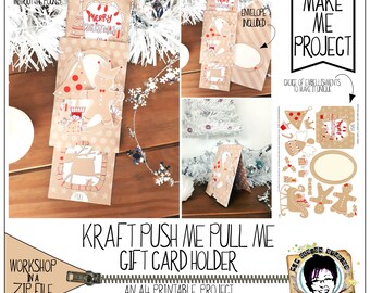 Kraft Push Me Pull Me Gift Card Holder. Christmas. present, craft project, printable make, Gingerbread man, lady, sleigh, tree, angel, deer