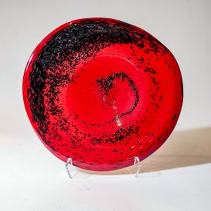 Handmade Blown Glass Red Platter with Black Swirl by Art Freas, artist