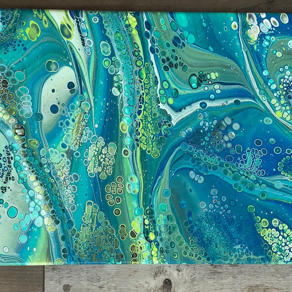 Acrylic pour painting on canvas original | Abstract art blue | fluid art painting | drip art | 12x16 small painting | green acrylic painting