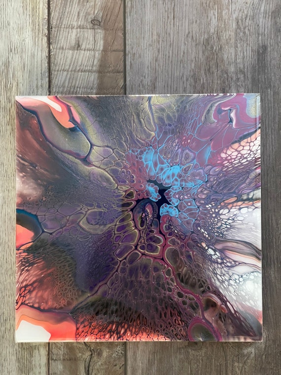 Acrylic Pour Painting on Wood Finished With Resin Abstract Art Purple Brown Orange Fall Fluid Art Painting 8x8 Small Painting Bloom Etsy