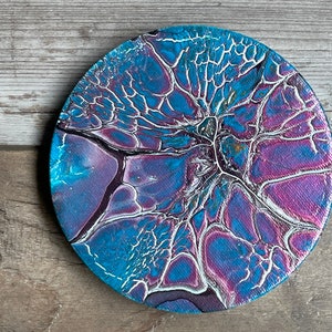Acrylic pour painting | modern & abstract art | 5 inch round small painting | blue, purple, color shift | wall decor for home