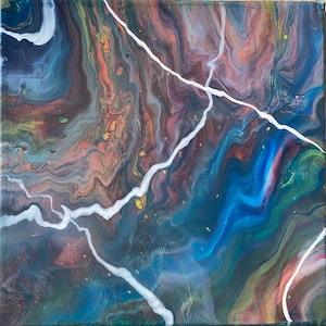 Acrylic pour painting on canvas original | Abstract art rainbow | fluid art painting | drip art | 14x14 large painting | acrylic painting