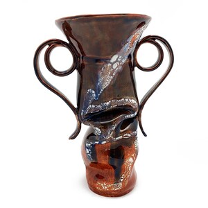 Brown Folded Vase w/ Textured White & Blue Streak  (#002)