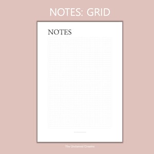 May include: A white sheet of paper with a grid pattern and the word "NOTES" printed at the top. The text "The Uncluttered Creative" is printed at the bottom.