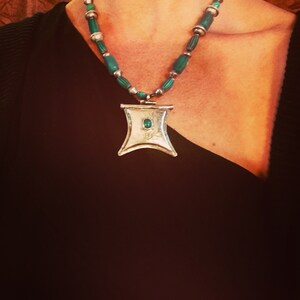 Tuareg pendant, green agate, and antique chevron bead necklace