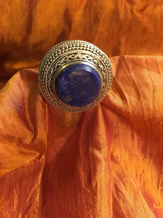 Tribal lapis lazuli and silver statement ring