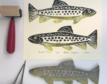 Original Trout Block Print in Color 6x8