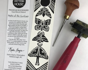 Premium Paper Bookmark, "Moths of the Carolinas"  Block Printed Celestial Art- 2.25 x 8.25 inches