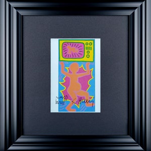 KEITH HARING - handsignierte Ausstellungskarte mit originaler Zeichnung - c1987 (Art Unlimited, Amsterdam)