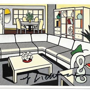 ROY LICHTENSTEIN - 'Interior com máscara africana' - cartão de exposição vintage assinado à mão - c1993 (emoldurado personalizado)