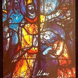MARC CHAGALL - « Le baptême de Clovis » - Impression de cartes d'exposition vintage signée à la main - c1982 (Editions Gaude, Paris)