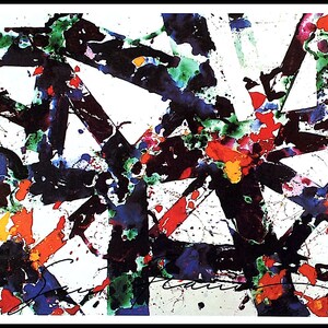 SAM FRANCIS - 'Acrylique sur toile' - handsignierter Vintage Ausstellungskartendruck - c1989 (Andre Emmerich Gallery, New York. Cy Twombly Ära)