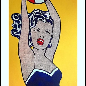ROY LICHTENSTEIN - 'Girl with beach ball' - handsignierte Vintage Ausstellungskarte - c1990s (Bernard Jacobson Gallery, London)