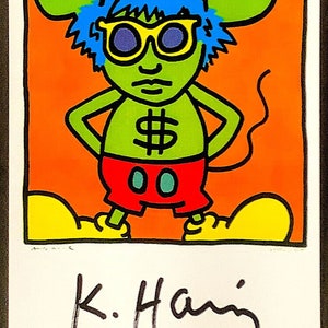 KEITH HARING - 'Andy Mouse' - impressão de cartão de exposição vintage assinada à mão - c1989 (Art Unlimited, Amsterdã)