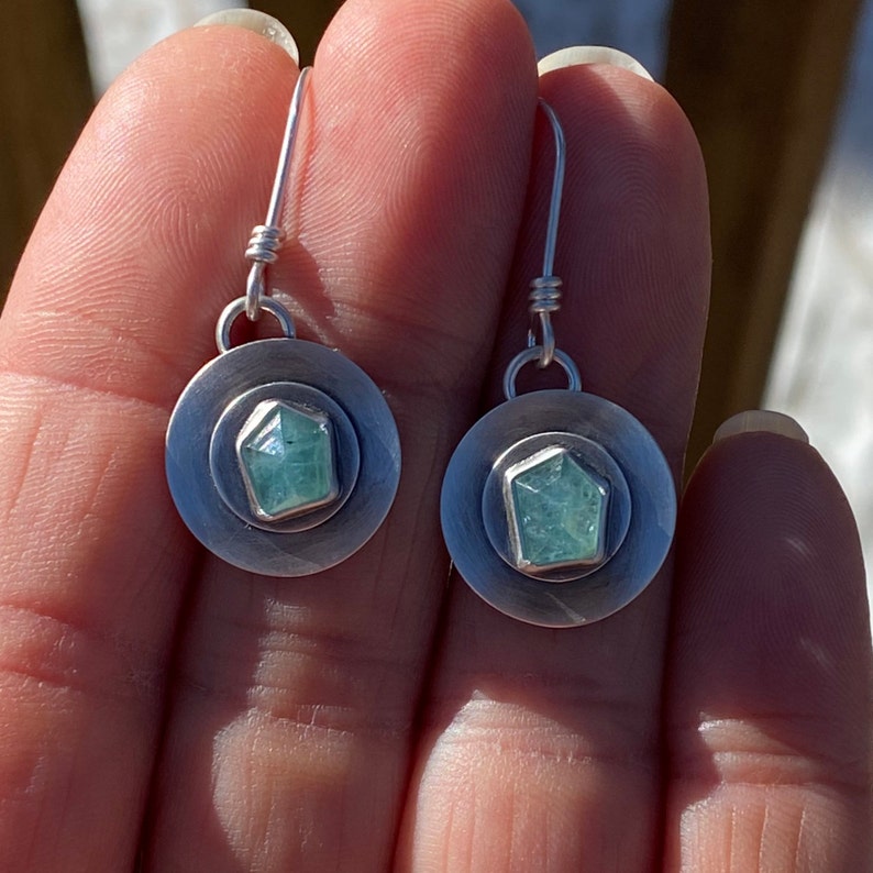 Rose Cut Geometric Grandidierite and Layered Sterling Silver Earrings