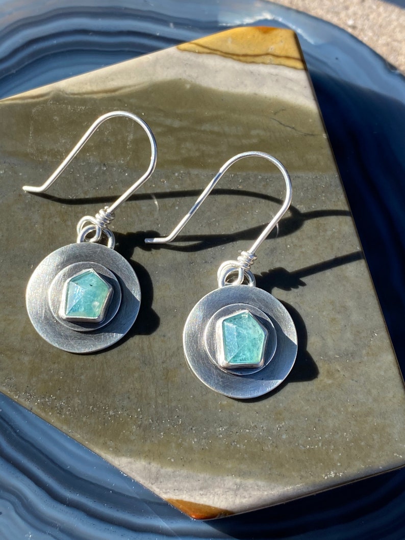 Rose Cut Geometric Grandidierite and Layered Sterling Silver Earrings