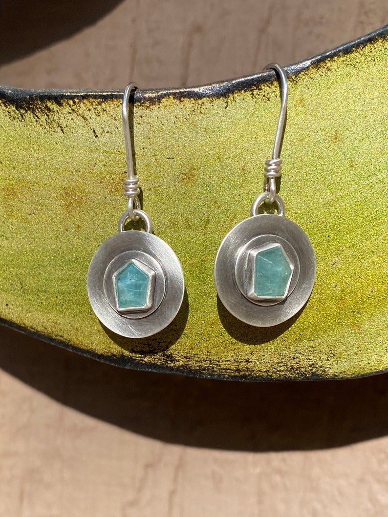 Rose Cut Geometric Grandidierite and Layered Sterling Silver Earrings