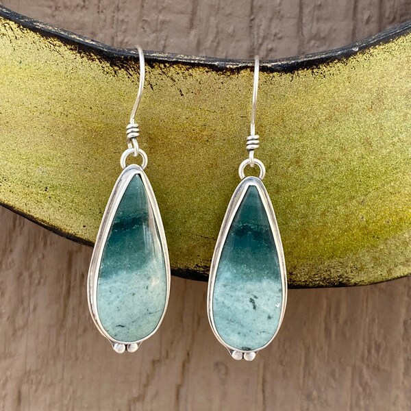 Teardrop Green Polychrome Jasper and Sterling Silver Dangle Earrings