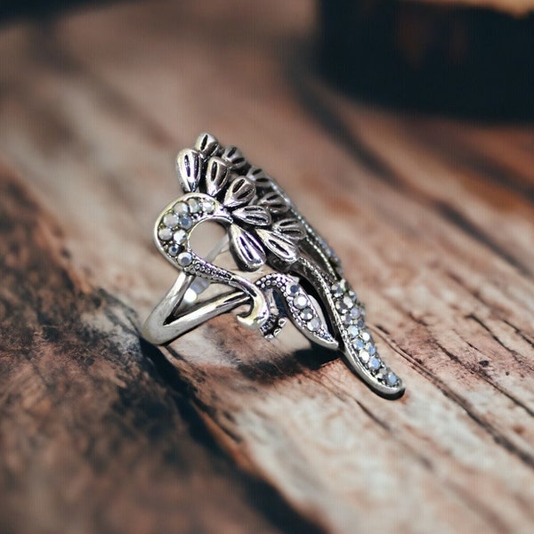 Peacock Ring Silver, Peacock Statement Ring, Bird Ring, Peacock Feather Jewelry, Silver Peacock Feather Ring Bird Jewelry Animal lovers gift