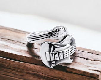 Adjustable Silver Guitar Ring - Musician's Statement Piece - Handcrafted Unique Jewelry for Guitar Enthusiasts and Music Lovers