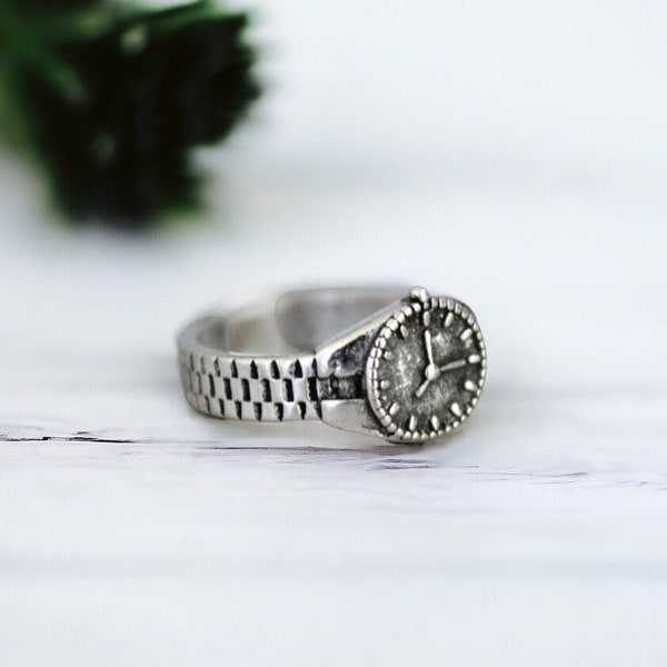 Silver Clock Ring, Steampunk Clock Ring, Antique Clock Ring, Retro Silver Clock Ring, Adjustable Clock Ring, Silver Vintage Clock Ring,