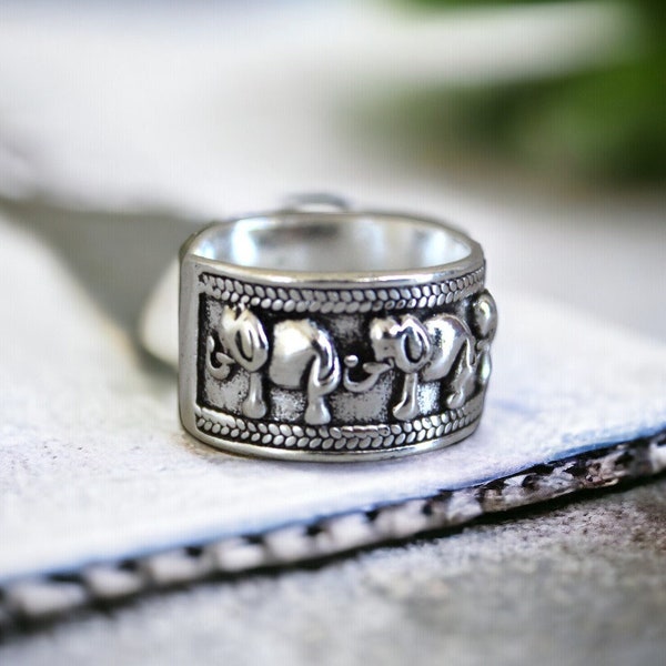 Elephant Ring, Silver Elehant Ring, Wide Band Ring, 925 Sterling Silver Ring, Adjustable Ring, Women's Silver Ring, Boyfriend Gift Unisex