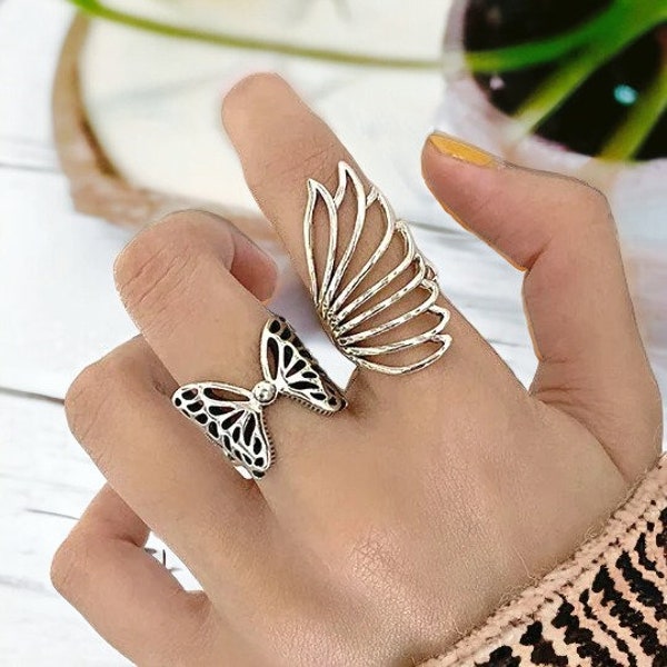 Hollow Butterfly Ring Silver Butterfly Wings Ring Split Shank Large Butterfly Wedding Bride Jewelry Gifts for Women Sterling Silver Jewelry