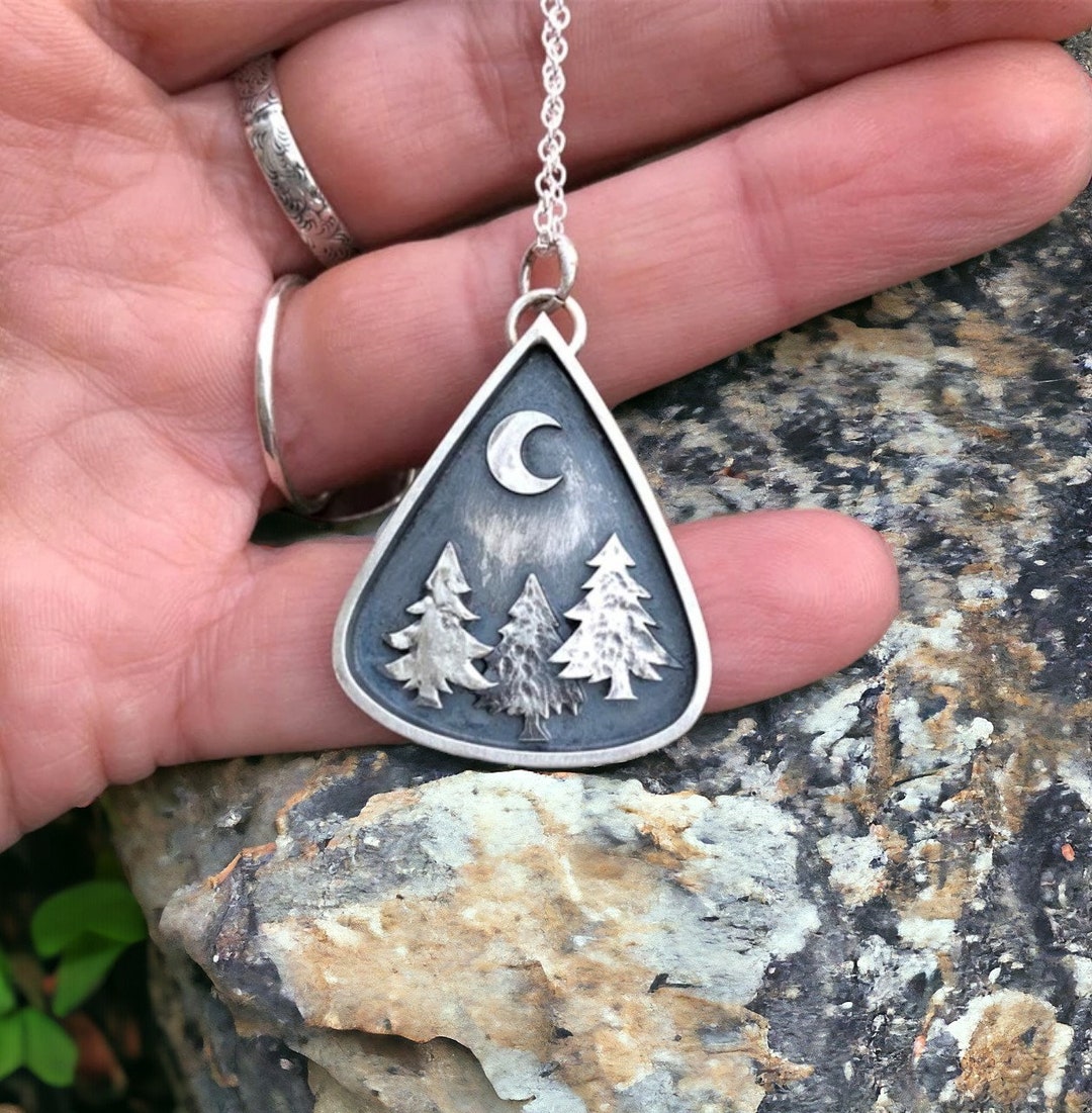 Moon Pine Forest Pendant Necklace Silver, Moon Necklace, Dropshaped Pendant Charm, Dainty Pine