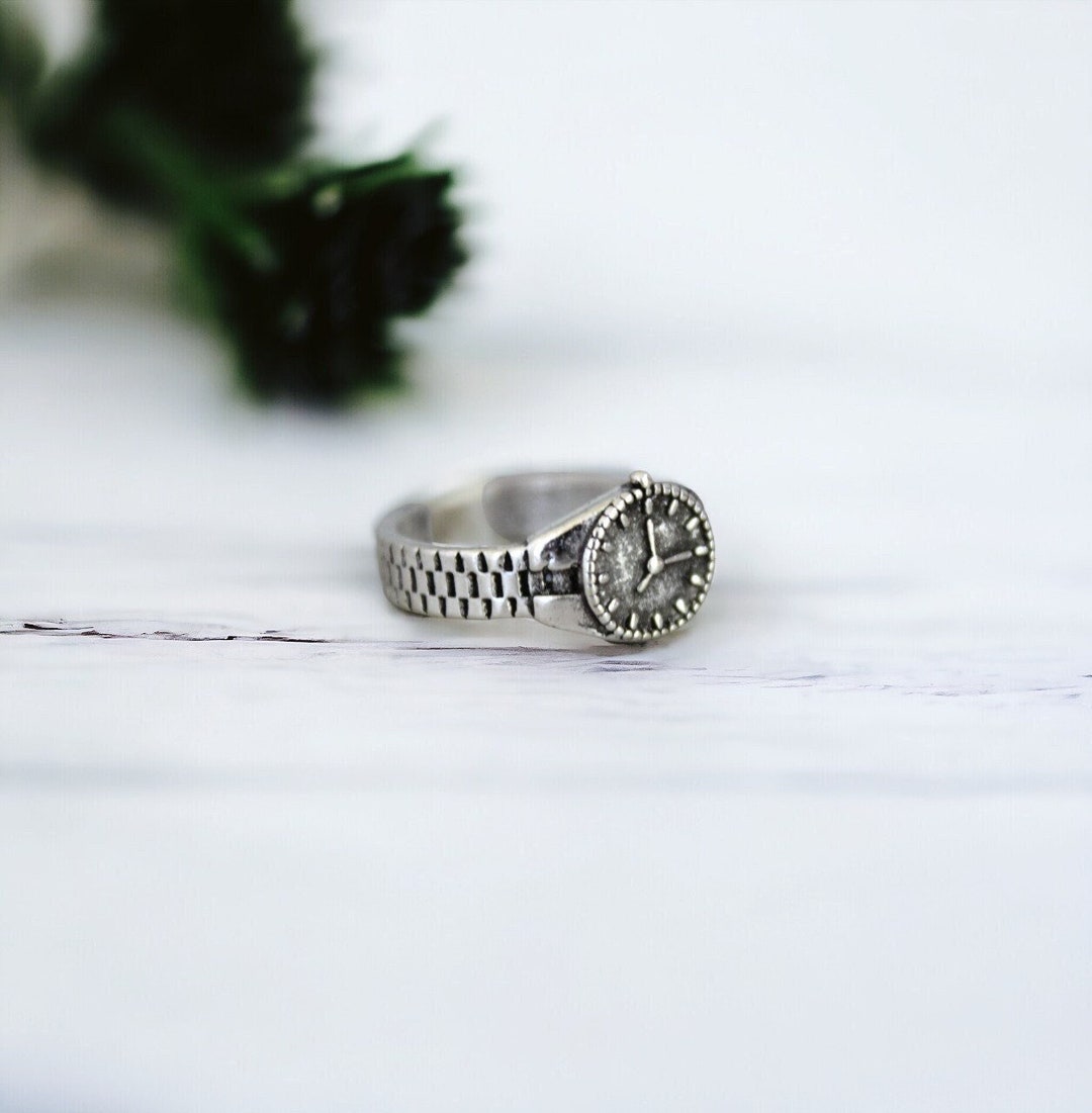 Silver Clock Ring, Steampunk Clock Ring, Antique Clock Ring, Retro