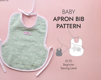 Baby apron bib pattern for 0-3T, gender neutral toddler pdf patterns, reversible baby apron style digital sewing template, sewing mom gift