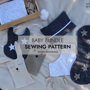 Baby bundle box of sewing patterns, essential gender-neutral pdf patterns, apron bib, toddler bath mitt, diaper clutch pattern, burp cloth