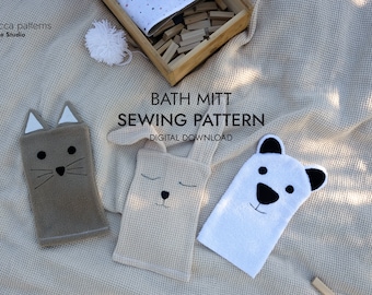 Toddler washcloth sewing pattern, beginner-friendly kids project, bathtime toy, animal puppet mitt, baby birthday gift, pdf digital download