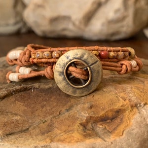 Beaded Leather Double Wrap Bracelet: Bronze Button Boho Jewelry