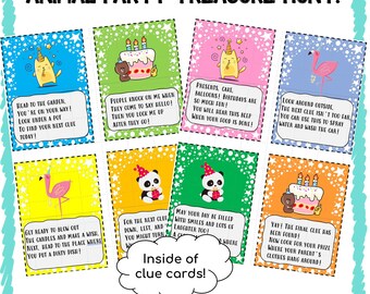 May include: A set of 8 colourful clue cards with animal illustrations and birthday-themed graphics. Each card has a different animal and a riddle or clue for a treasure hunt. The cards are decorated with stars and have the text "Inside of clue cards!" on a white cloud.