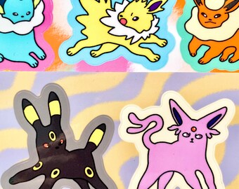 May include: Five colorful cartoon stickers featuring different Pokemon characters. The stickers are on a white background with a purple and white wavy pattern.