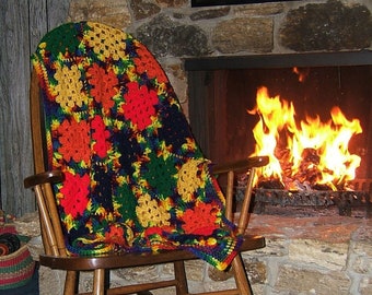 Rainbow Granny Square Crochet Afghan: Upcycled Acrylic Throw, 53&quot;x37&quot;