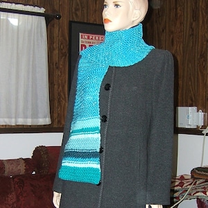 Handmade Blue Knit Scarf: Upcycled Boho Folk Art Yarn (62&quot; L x 7.5&quot; W)