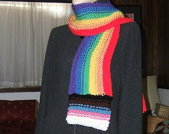 Rainbow pride knit scarf upcycled recycled yarns aryclic poly fibers handmade by me funky primitive rustic boho 58" L 6.5" W ready to ship