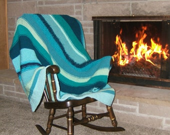 Hand Knit Blue Wave Afghan: Upcycled Yarn, Rustic Folk Art Style