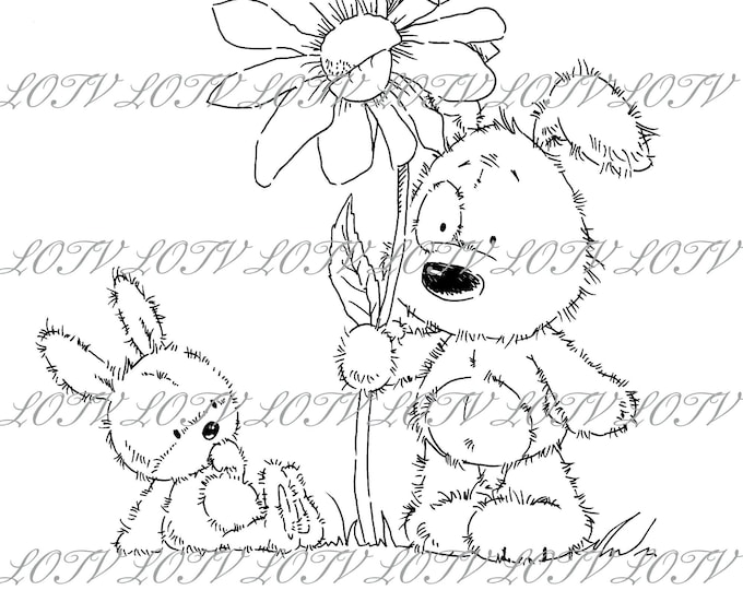 Lili of the Valley Digi Stamp - CG - Jack, Patch and Puss Big Flower, JPEG, Dog, Bunny, Flower, Digital