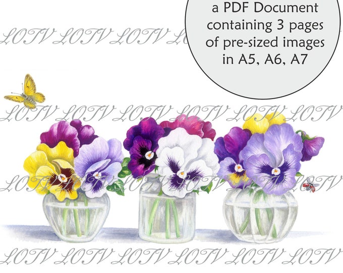 Lili of the Valley Full Colour Simply Print - Pansy Bouquet, Pretty Flowers, 3 Page PDF Ready to Print Document, Digital