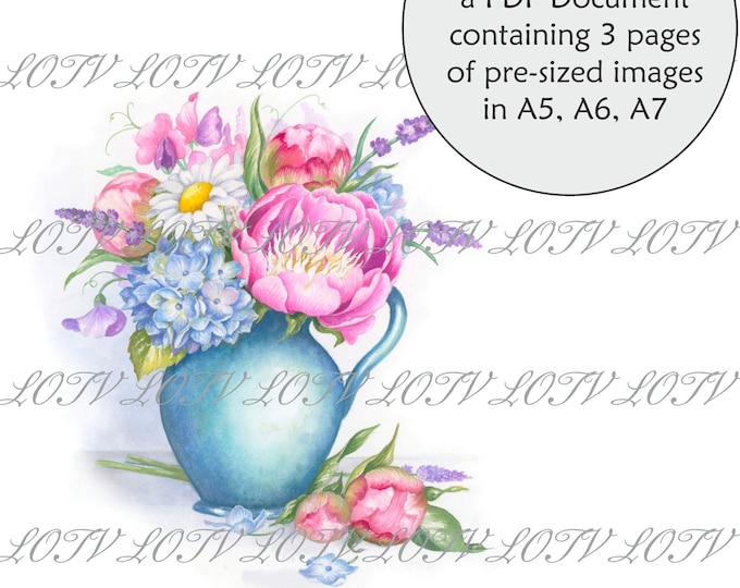 Lili of the Valley Full Colour Simply Print - Romantic Vase, Pretty Flowers, 3 Page PDF Ready to Print Document, Digital