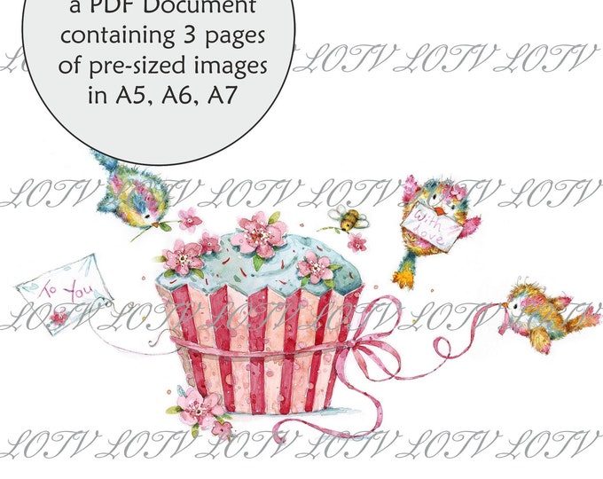 Lili of the Valley Full Colour Simply Print - Cute Cupcake, Little Birds, Tea Party, 3 Page PDF Ready to Print Document, Digital
